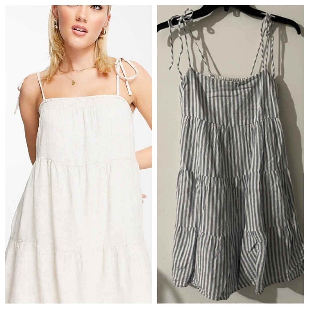 Abercrombie & Fitch tie strap tiered striped mini dress navy white 22523